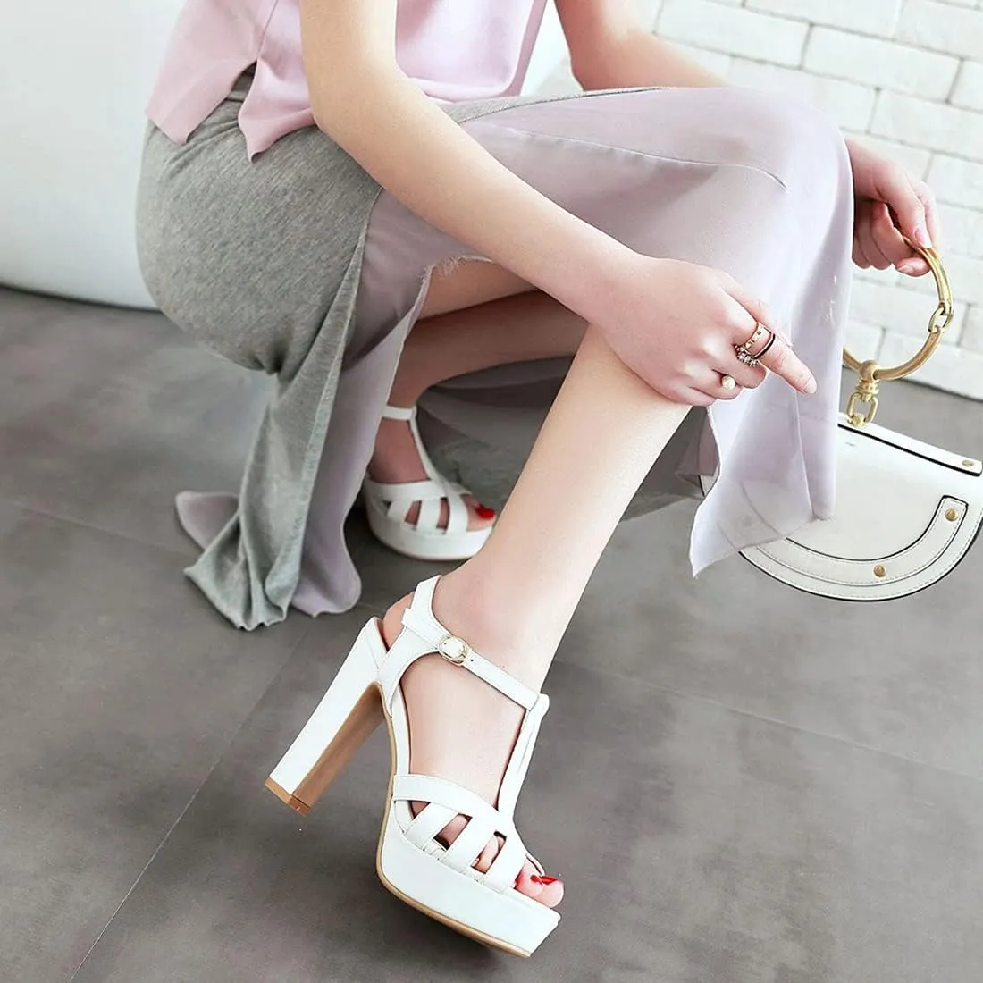 VOKLIN MISTU Women's Fashion T-strap Peep Toe Platform High Heel Sandals Party Evening Pump Dressy Heeled Sandal