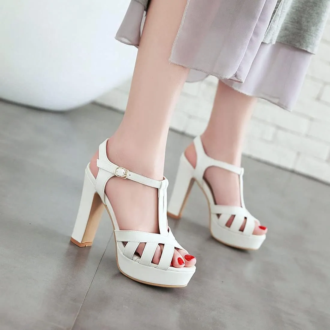 VOKLIN MISTU Women's Fashion T-strap Peep Toe Platform High Heel Sandals Party Evening Pump Dressy Heeled Sandal