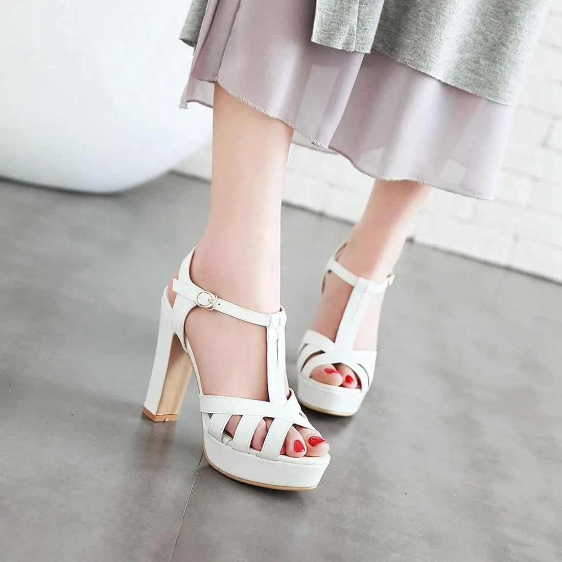 VOKLIN MISTU Women's Fashion T-strap Peep Toe Platform High Heel Sandals Party Evening Pump Dressy Heeled Sandal