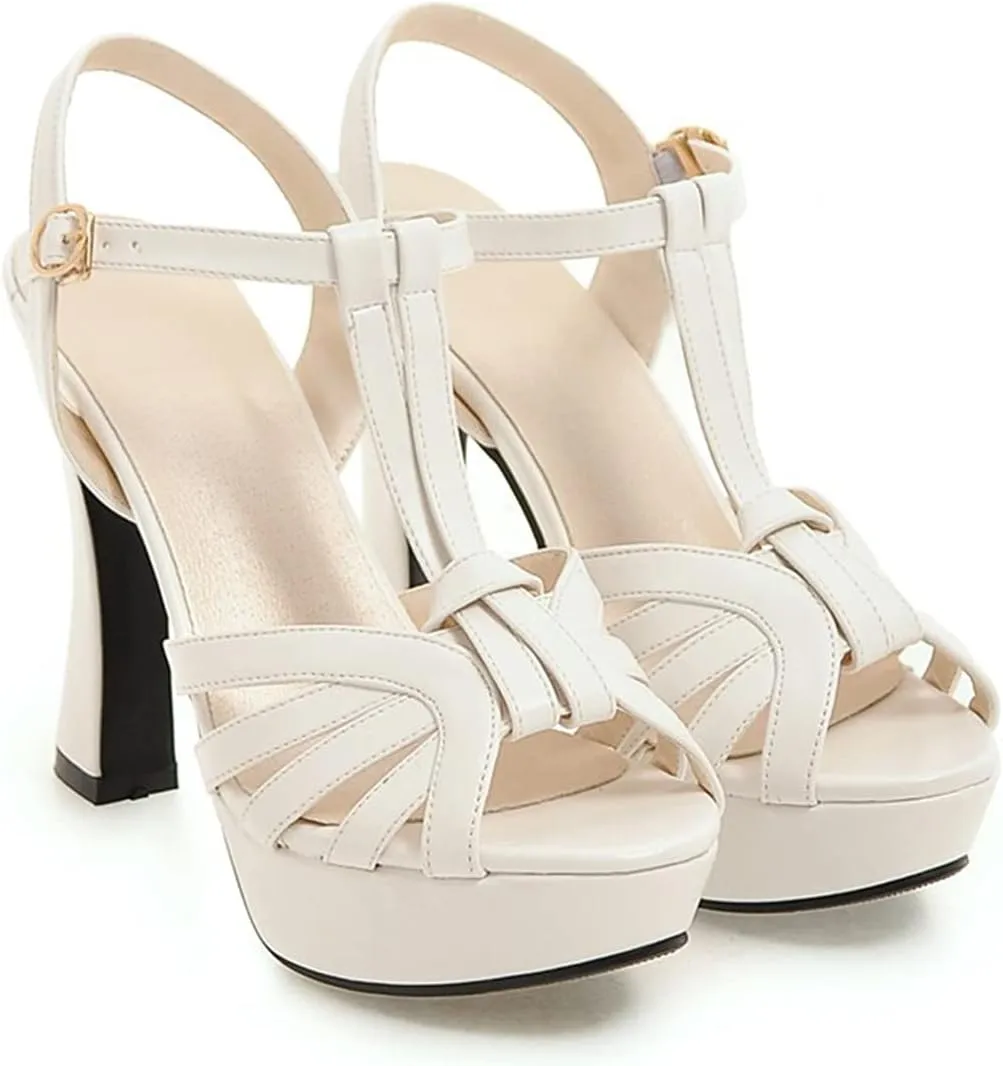 VOKLIN MISTU Women's Fashion T-strap Peep Toe Platform High Heel Sandals Party Evening Pump Dressy Heeled Sandal