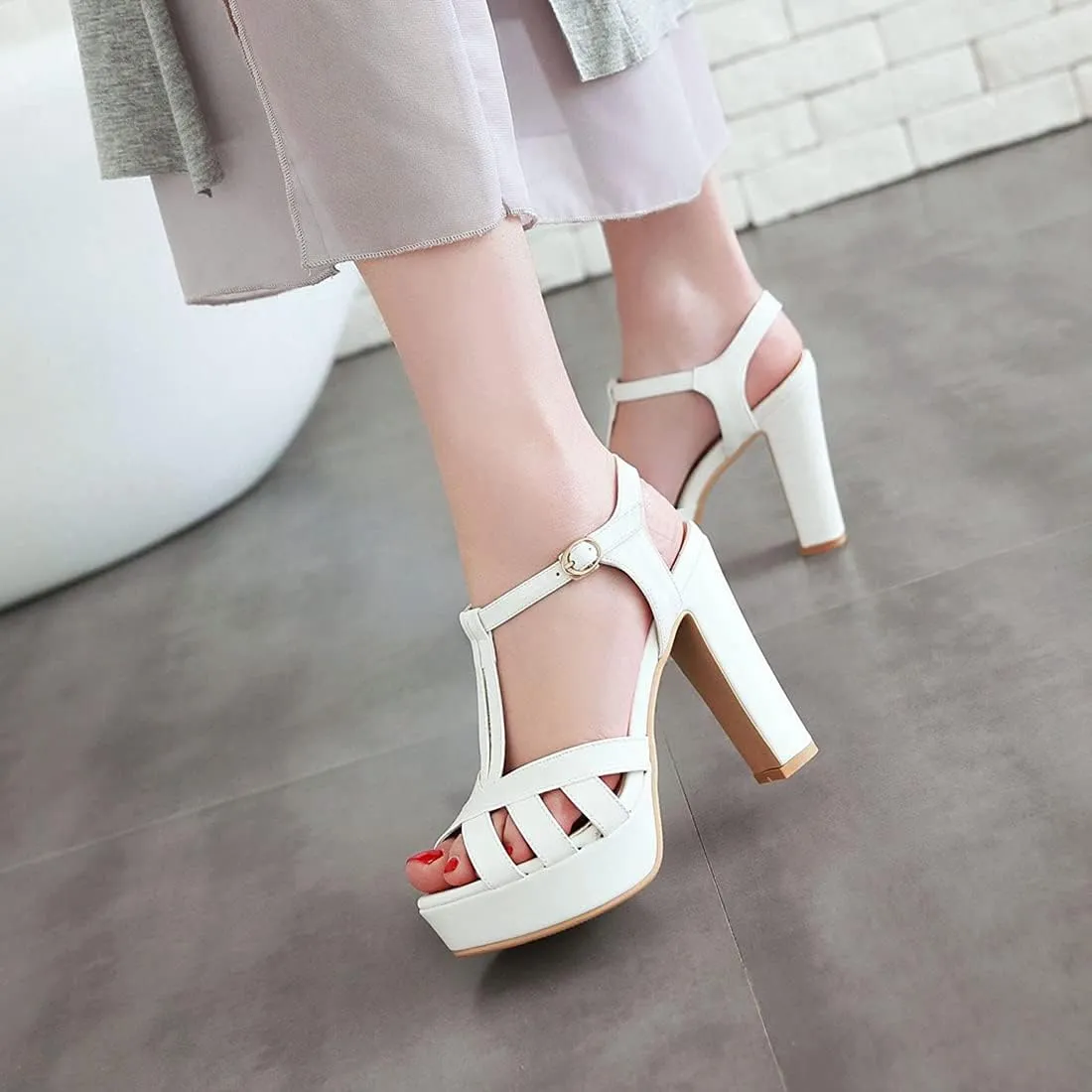 VOKLIN MISTU Women's Fashion T-strap Peep Toe Platform High Heel Sandals Party Evening Pump Dressy Heeled Sandal