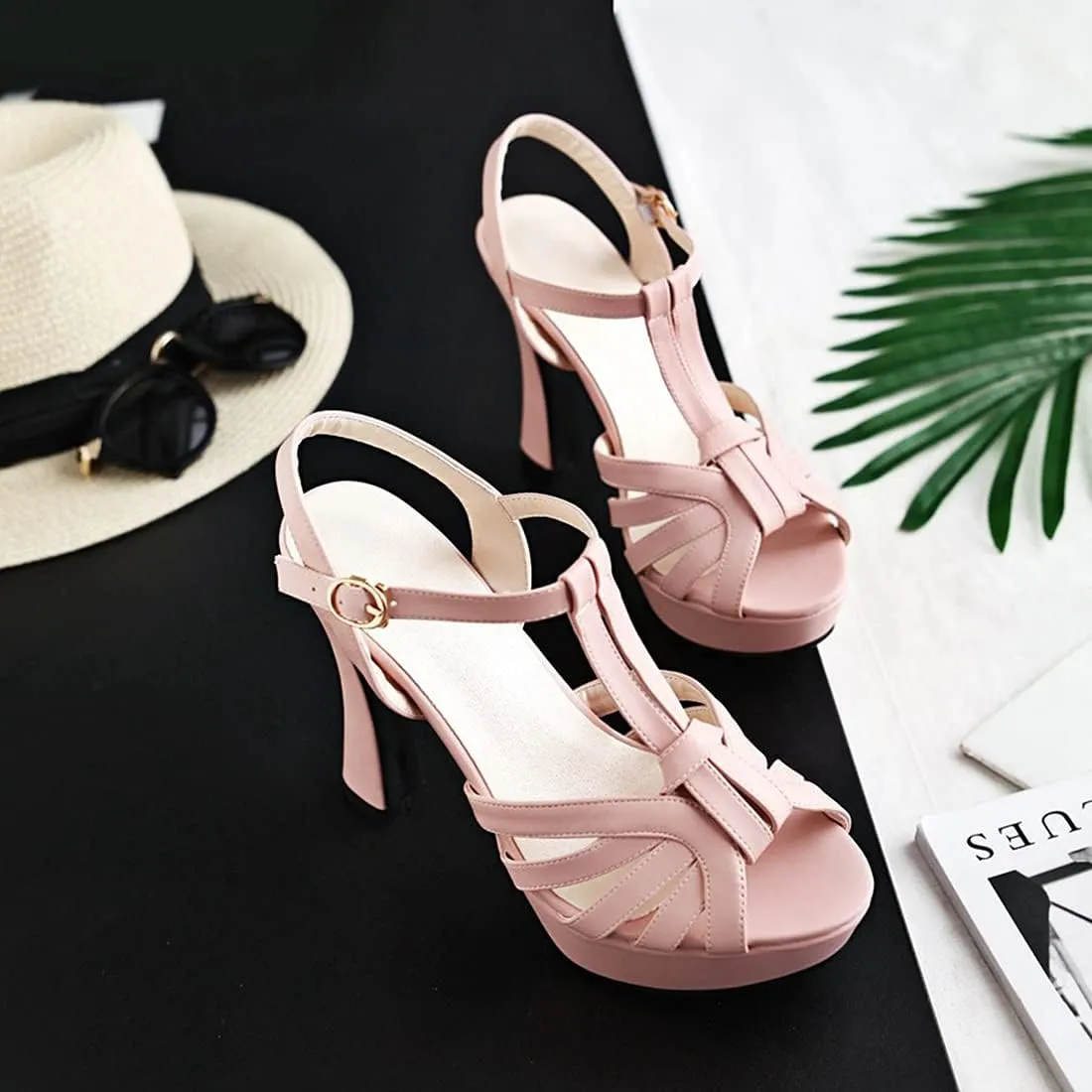 VOKLIN MISTU Women's Fashion T-strap Peep Toe Platform High Heel Sandals Party Evening Pump Dressy Heeled Sandal