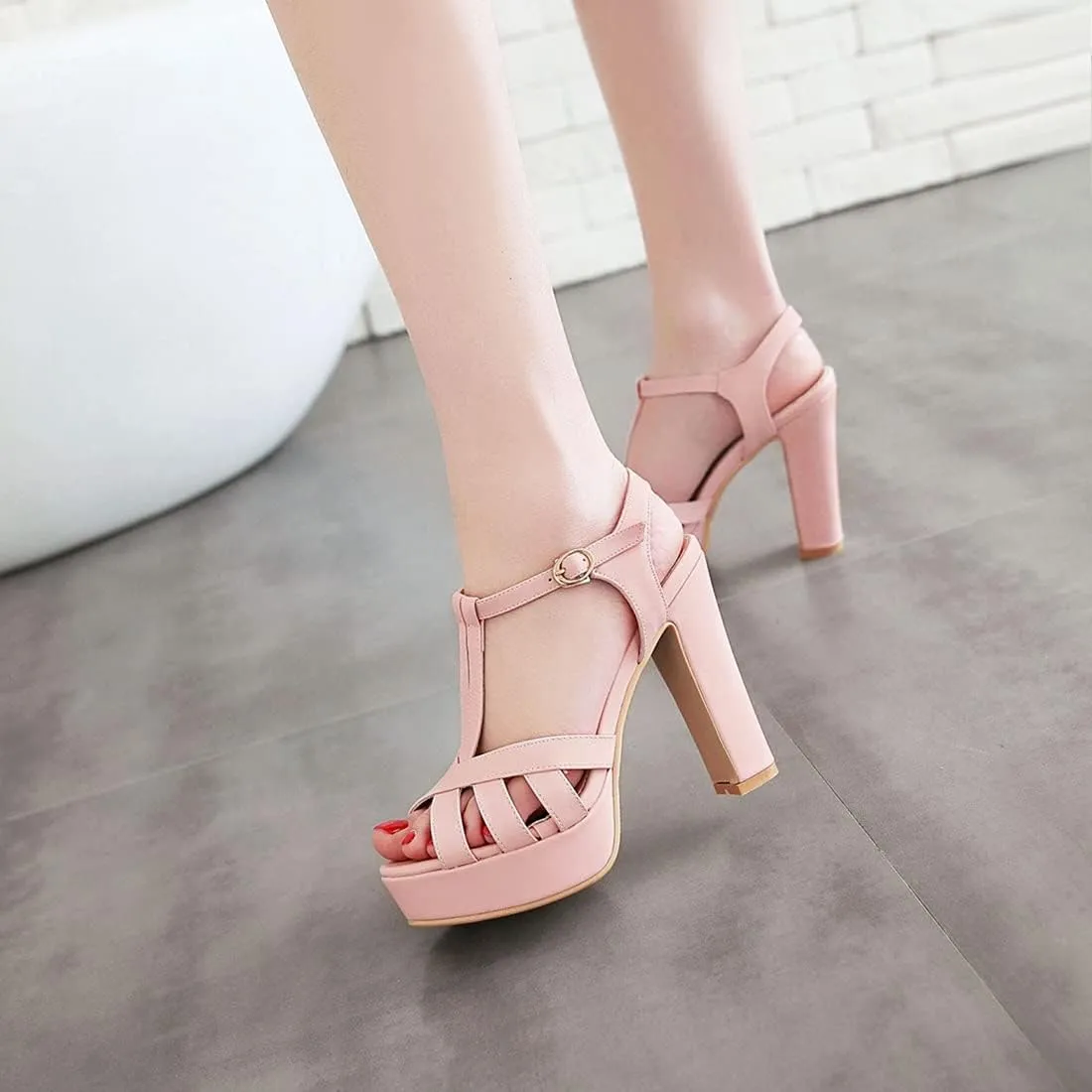 VOKLIN MISTU Women's Fashion T-strap Peep Toe Platform High Heel Sandals Party Evening Pump Dressy Heeled Sandal