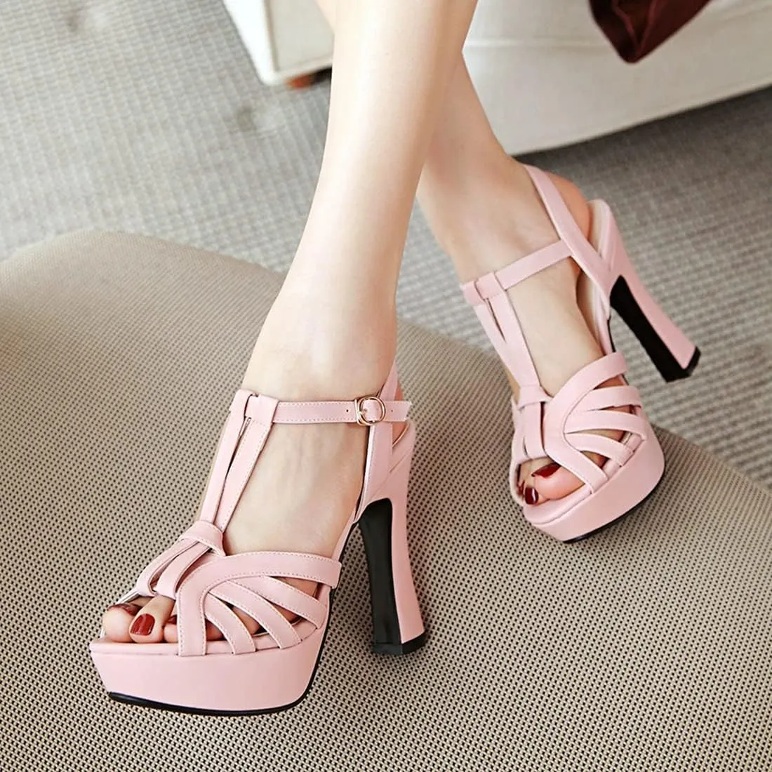 VOKLIN MISTU Women's Fashion T-strap Peep Toe Platform High Heel Sandals Party Evening Pump Dressy Heeled Sandal
