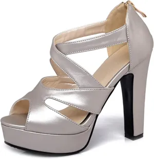VOKLIN MISTU Women's Peep Toe Platform Block High Heel Sandals Cross Strappy Back Zipper Pump Dressy Heeled Sandal