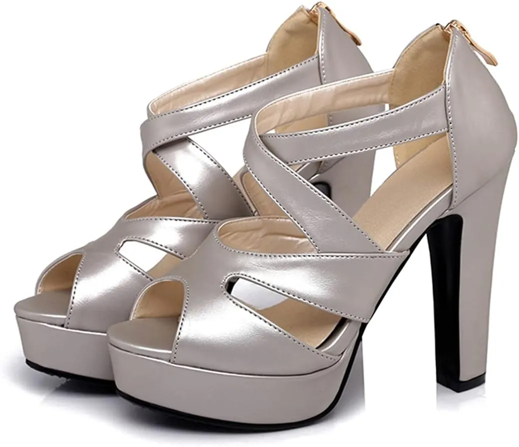 VOKLIN MISTU Women's Peep Toe Platform Block High Heel Sandals Cross Strappy Back Zipper Pump Dressy Heeled Sandal
