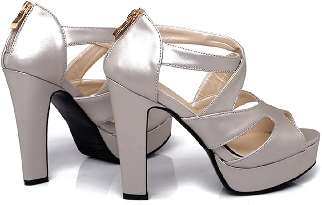 VOKLIN MISTU Women's Peep Toe Platform Block High Heel Sandals Cross Strappy Back Zipper Pump Dressy Heeled Sandal