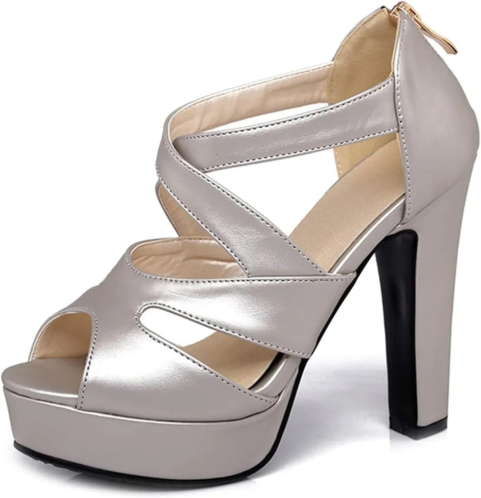 VOKLIN MISTU Women's Peep Toe Platform Block High Heel Sandals Cross Strappy Back Zipper Pump Dressy Heeled Sandal