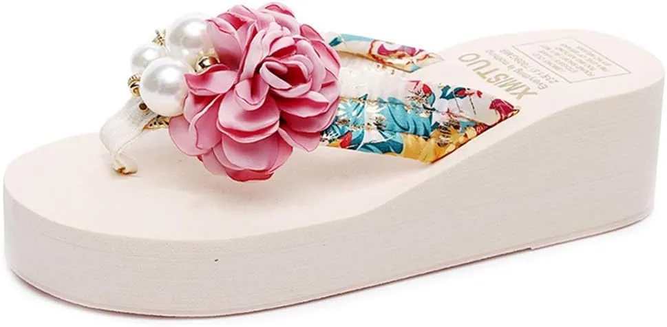VOKLIN Women's Bohemian Flower Wedge Flipflop Sandals Summer Platform Nonslip High Heel Beach Thong Sandal