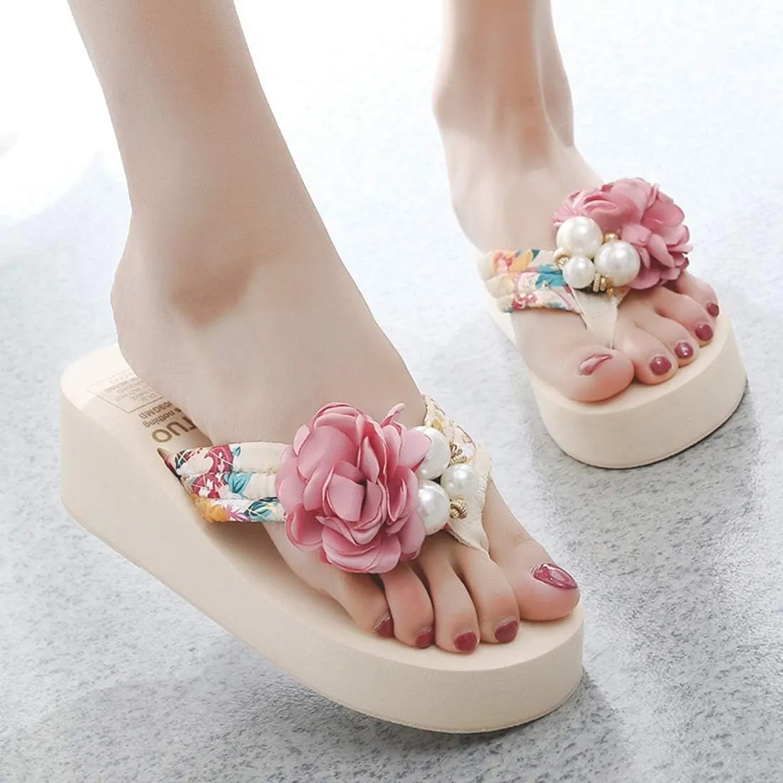 VOKLIN Women's Bohemian Flower Wedge Flipflop Sandals Summer Platform Nonslip High Heel Beach Thong Sandal