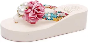 VOKLIN Women's Bohemian Flower Wedge Flipflop Sandals Summer Platform Nonslip High Heel Beach Thong Sandal