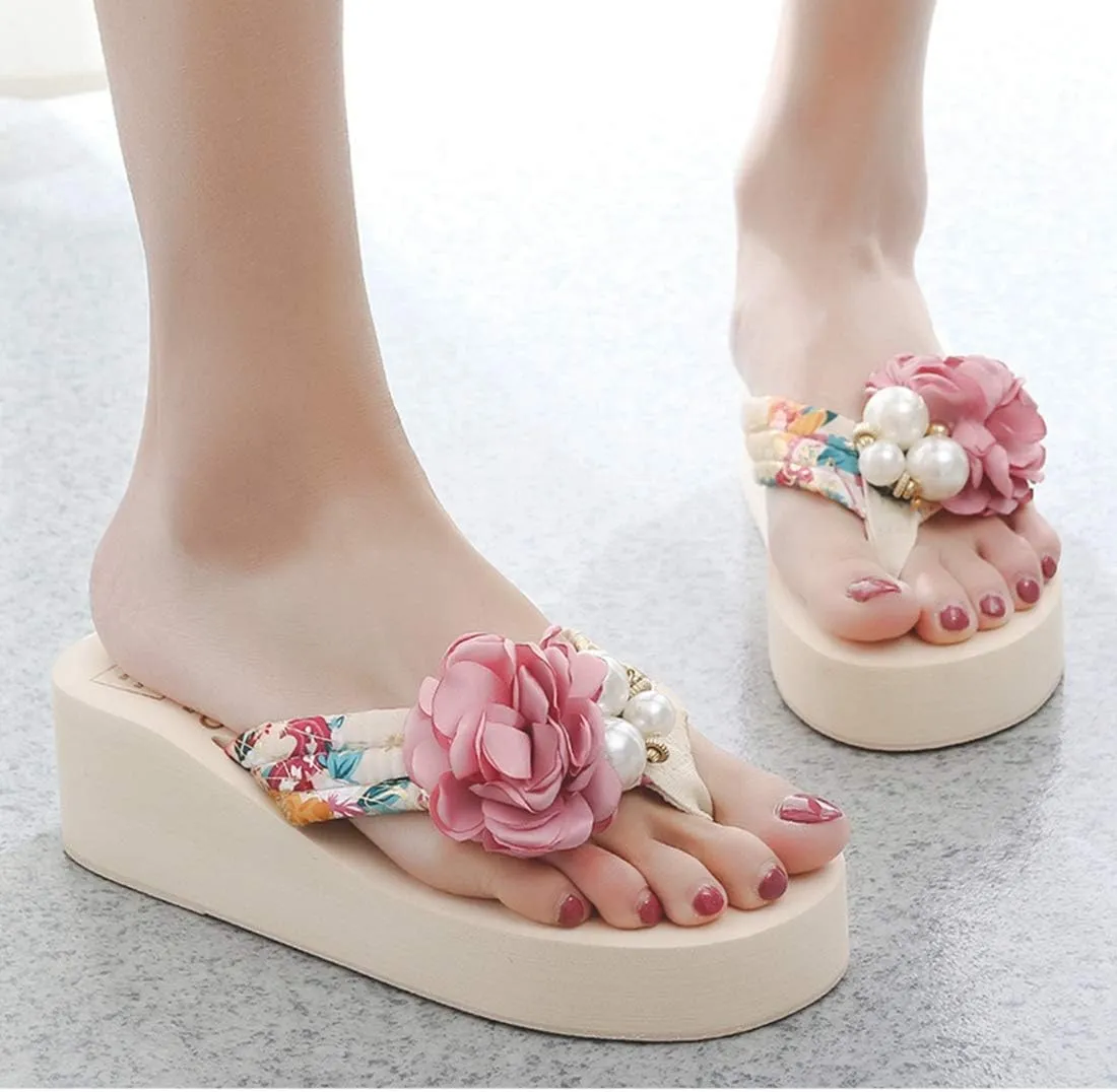 VOKLIN Women's Bohemian Flower Wedge Flipflop Sandals Summer Platform Nonslip High Heel Beach Thong Sandal