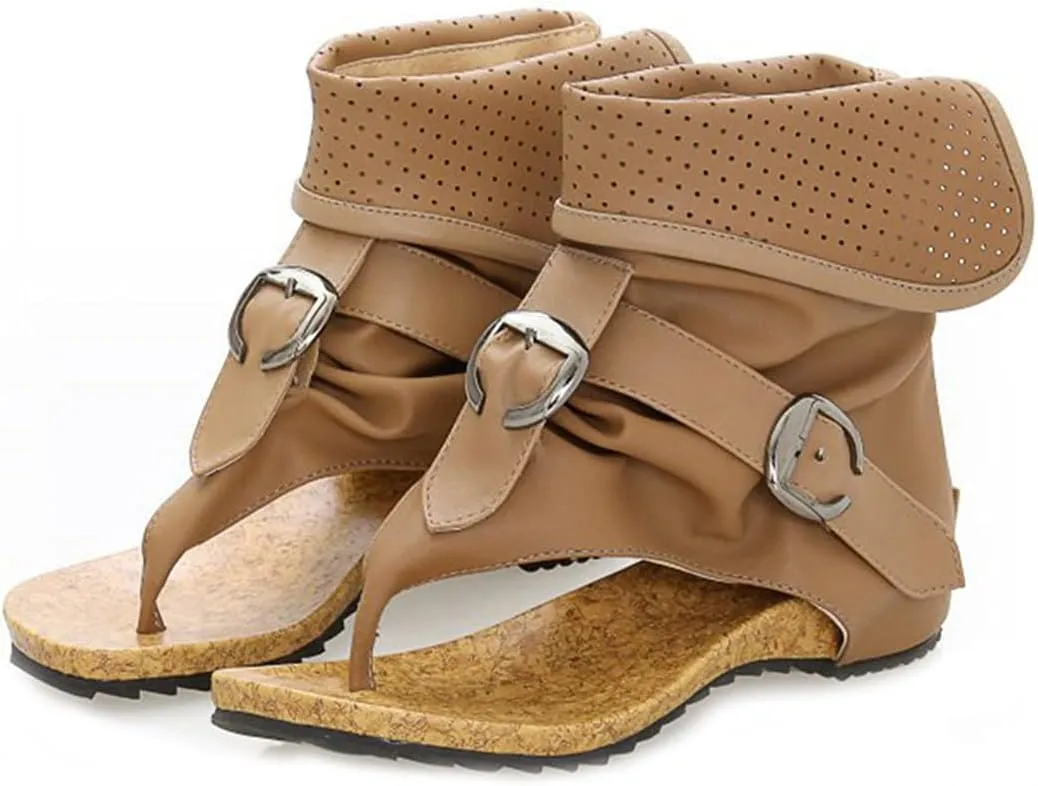 VOKLIN Women's Casual Cuff Flat Sandals Booties Buckle Roman Zipper Summer Comfort Thong Flip Flops Shoes