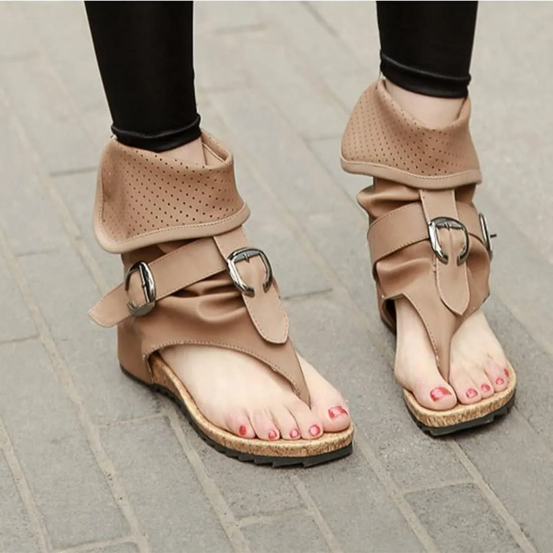 VOKLIN Women's Casual Cuff Flat Sandals Booties Buckle Roman Zipper Summer Comfort Thong Flip Flops Shoes