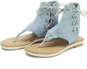 VOKLIN Women's Casual Denim Flat Sandals Booties Lace Up Zipper Comfort Summer Beach Thong Flip Flops Shoes