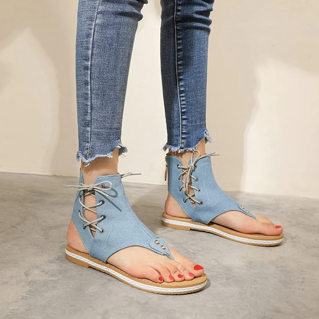 VOKLIN Women's Casual Denim Flat Sandals Booties Lace Up Zipper Comfort Summer Beach Thong Flip Flops Shoes