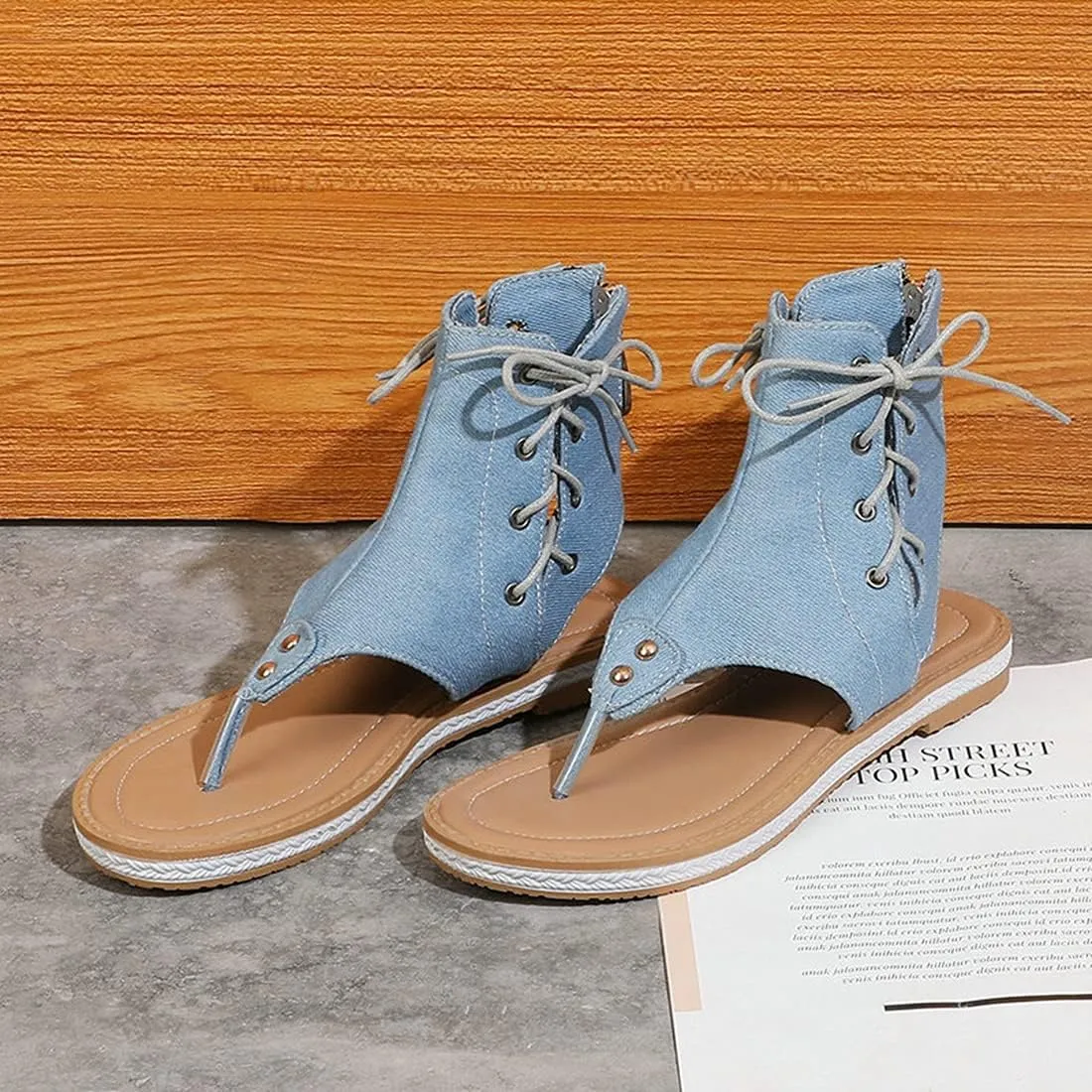 VOKLIN Women's Casual Denim Flat Sandals Booties Lace Up Zipper Comfort Summer Beach Thong Flip Flops Shoes