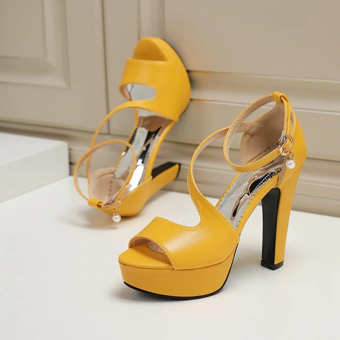VOKLIN Women's Fashion Peep Toe Chunky Block High Heel Sandals Ankle Strap Sexy Platform Dress Heeled Sandal