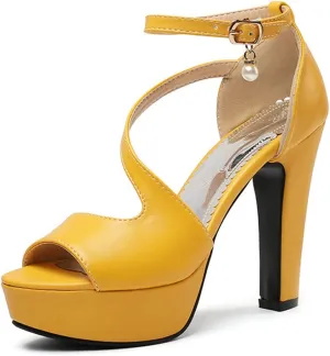 VOKLIN Women's Fashion Peep Toe Chunky Block High Heel Sandals Ankle Strap Sexy Platform Dress Heeled Sandal