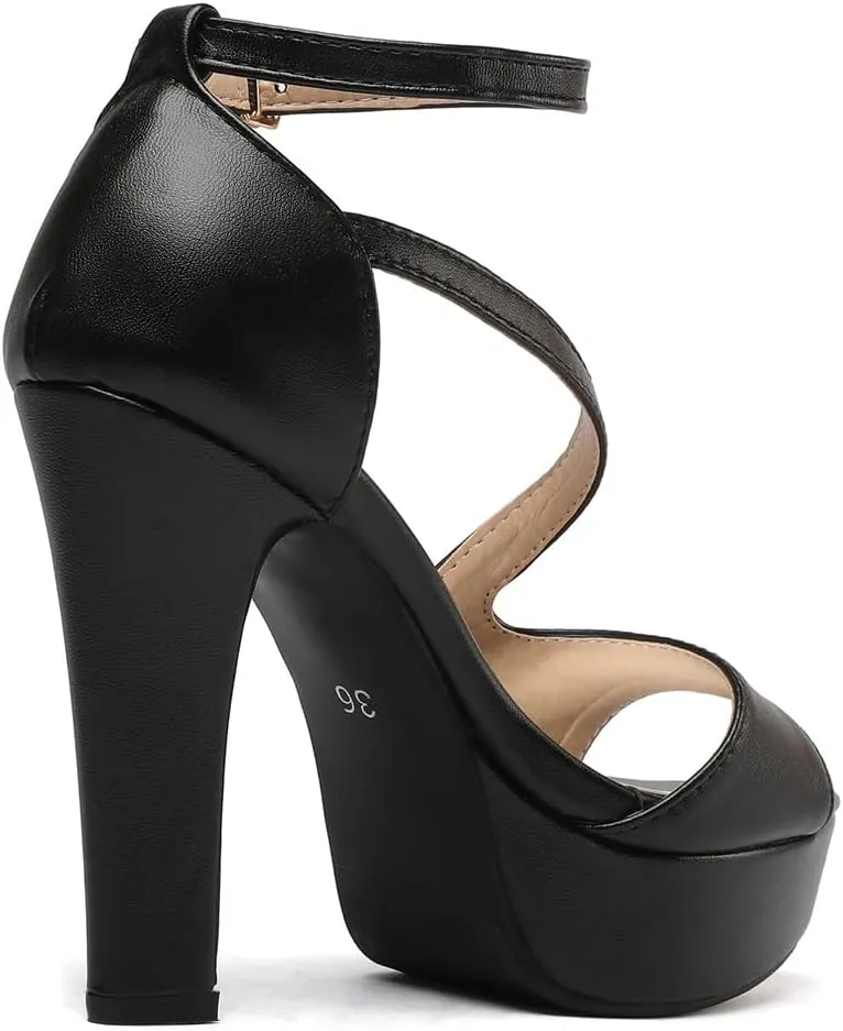 VOKLIN Women's Fashion Peep Toe Chunky Block High Heel Sandals Ankle Strap Sexy Platform Dress Heeled Sandal