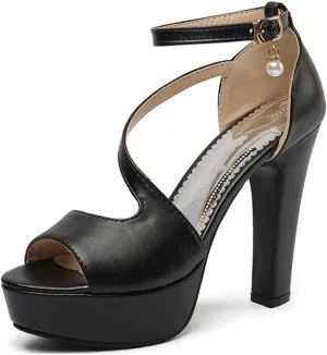 VOKLIN Women's Fashion Peep Toe Chunky Block High Heel Sandals Ankle Strap Sexy Platform Dress Heeled Sandal