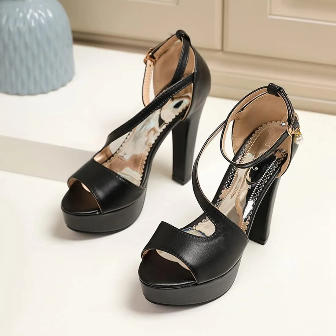 VOKLIN Women's Fashion Peep Toe Chunky Block High Heel Sandals Ankle Strap Sexy Platform Dress Heeled Sandal