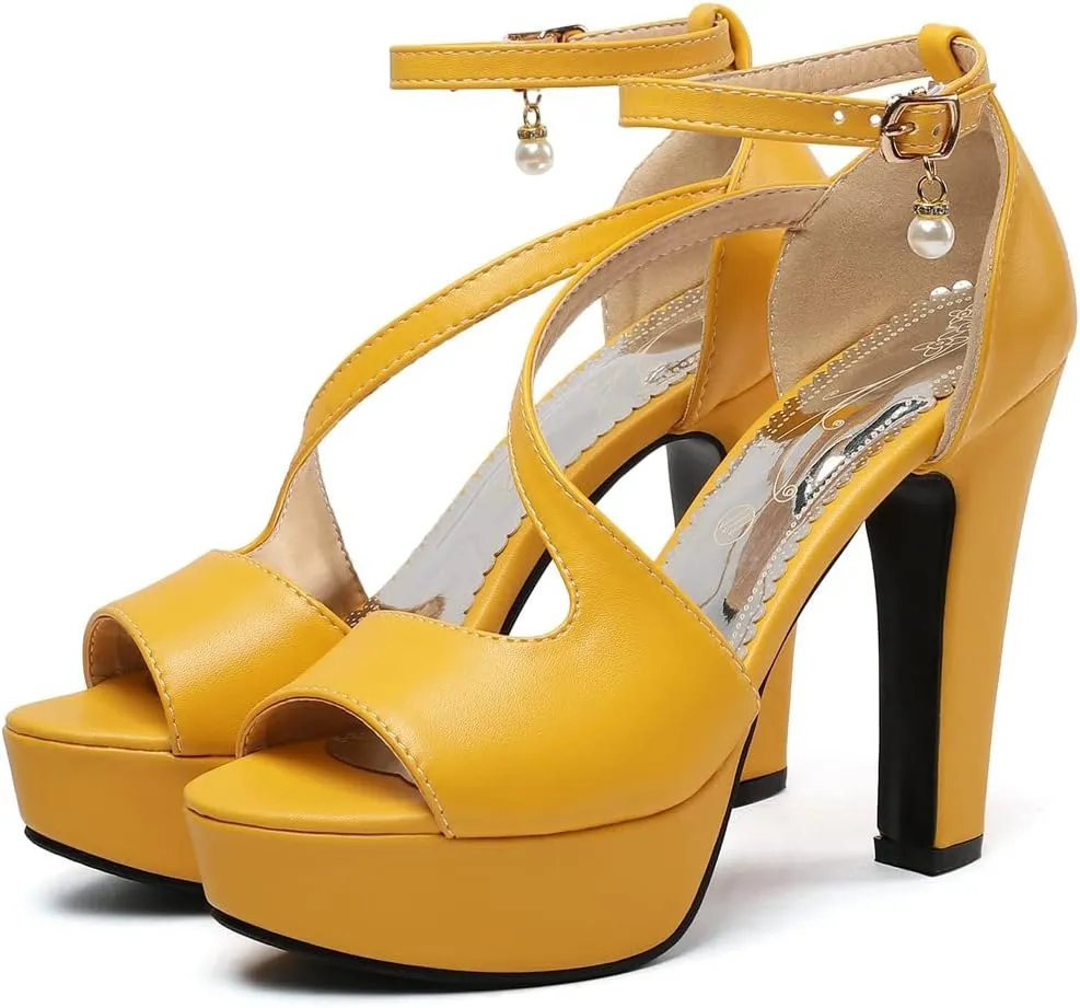 VOKLIN Women's Fashion Peep Toe Chunky Block High Heel Sandals Ankle Strap Sexy Platform Dress Heeled Sandal
