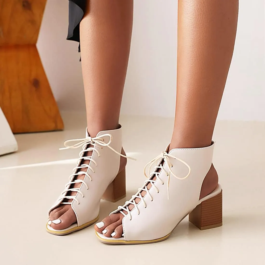 VOKLIN Women's Fashion Peep Toe Chunky Block Mid Heel Sandals Shoes Lace Up Cutout Dress Pump Sandal Booties