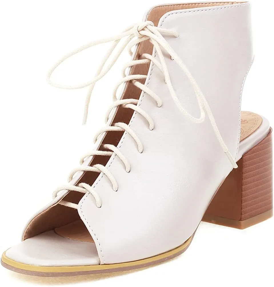 VOKLIN Women's Fashion Peep Toe Chunky Block Mid Heel Sandals Shoes Lace Up Cutout Dress Pump Sandal Booties