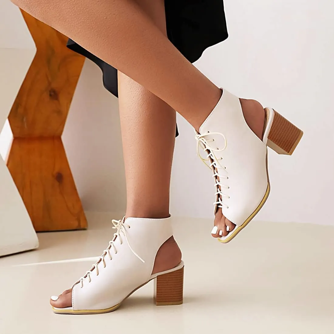 VOKLIN Women's Fashion Peep Toe Chunky Block Mid Heel Sandals Shoes Lace Up Cutout Dress Pump Sandal Booties