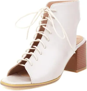 VOKLIN Women's Fashion Peep Toe Chunky Block Mid Heel Sandals Shoes Lace Up Cutout Dress Pump Sandal Booties