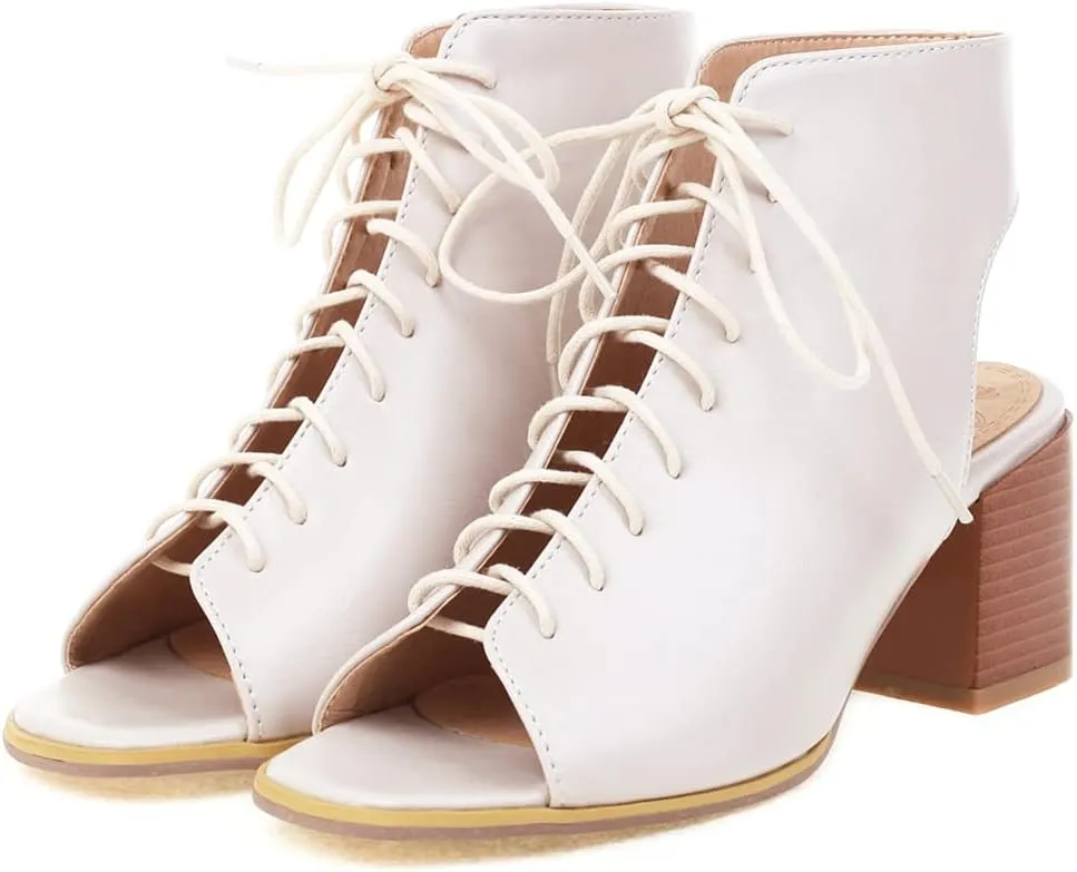 VOKLIN Women's Fashion Peep Toe Chunky Block Mid Heel Sandals Shoes Lace Up Cutout Dress Pump Sandal Booties