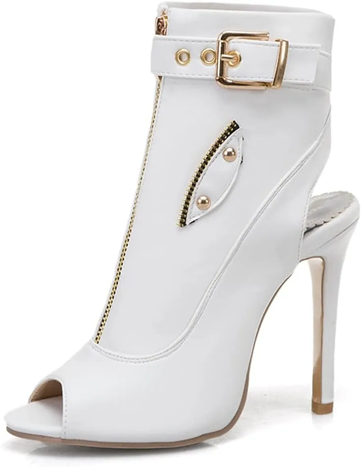VOKLIN Women's Fashion Peep Toe Stiletto High Heel Sandals Buckle Zipper Party Pump Dress Heeled Sandal Booties