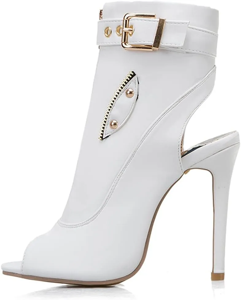 VOKLIN Women's Fashion Peep Toe Stiletto High Heel Sandals Buckle Zipper Party Pump Dress Heeled Sandal Booties