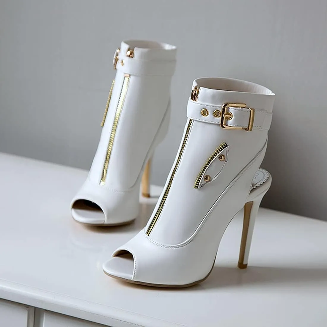 VOKLIN Women's Fashion Peep Toe Stiletto High Heel Sandals Buckle Zipper Party Pump Dress Heeled Sandal Booties