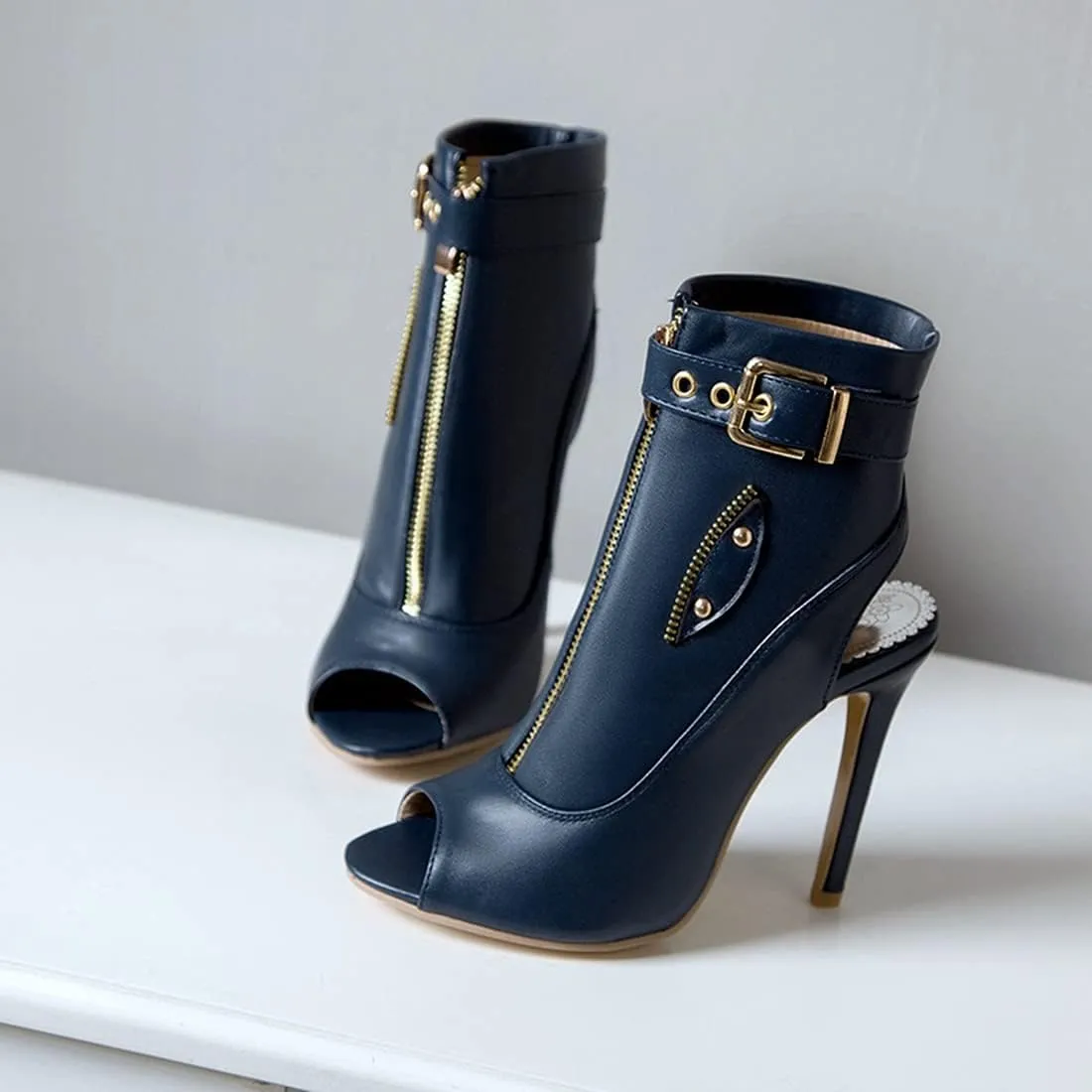 VOKLIN Women's Fashion Peep Toe Stiletto High Heel Sandals Buckle Zipper Party Pump Dress Heeled Sandal Booties