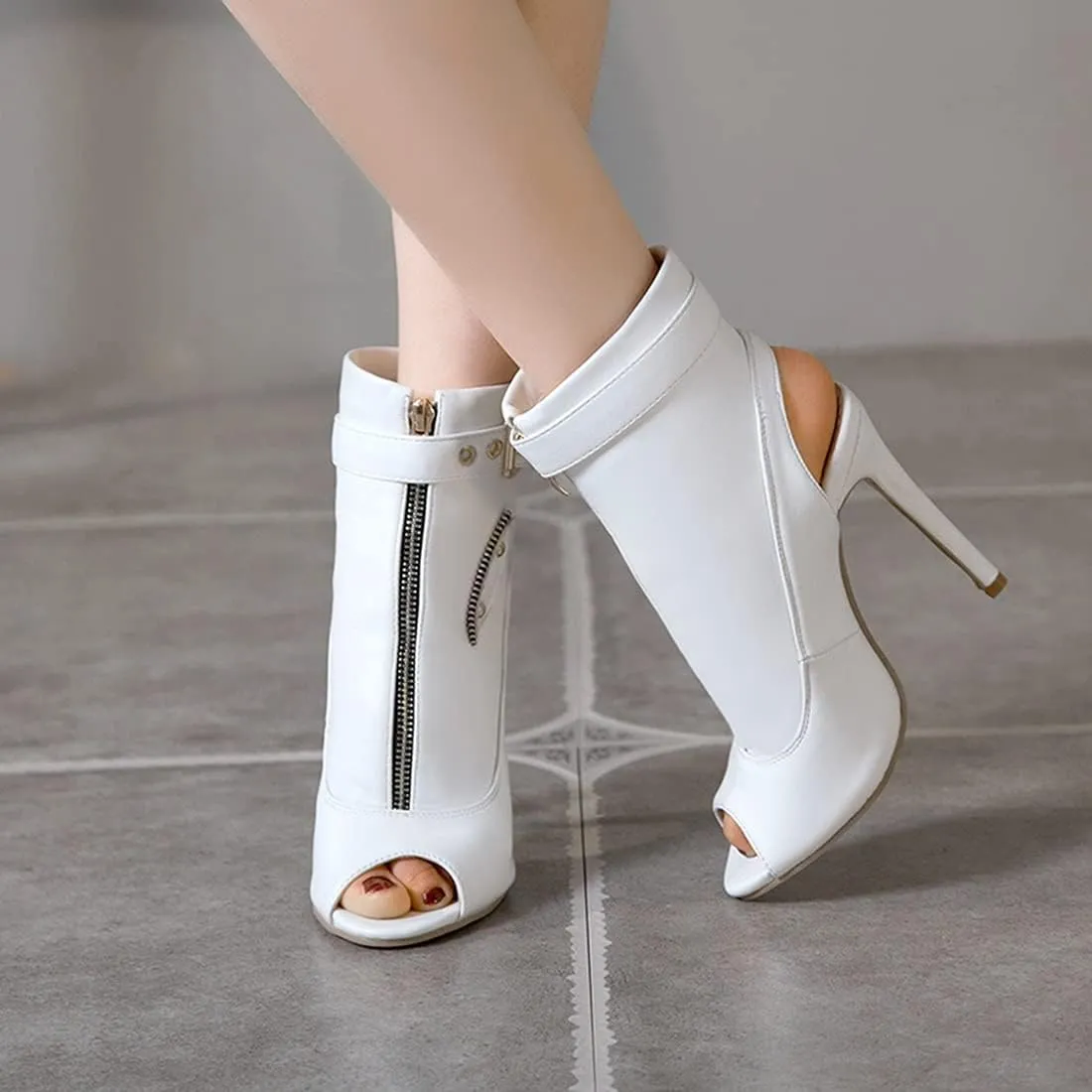 VOKLIN Women's Fashion Peep Toe Stiletto High Heel Sandals Buckle Zipper Party Pump Dress Heeled Sandal Booties