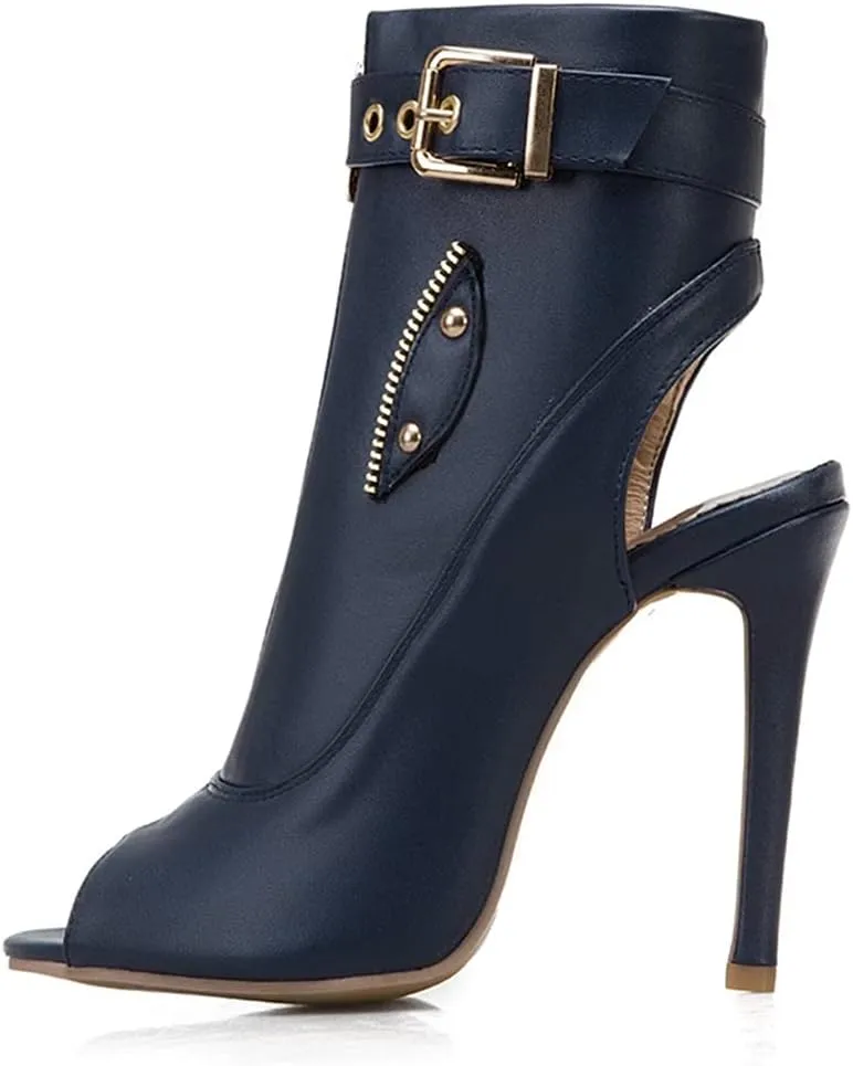 VOKLIN Women's Fashion Peep Toe Stiletto High Heel Sandals Buckle Zipper Party Pump Dress Heeled Sandal Booties