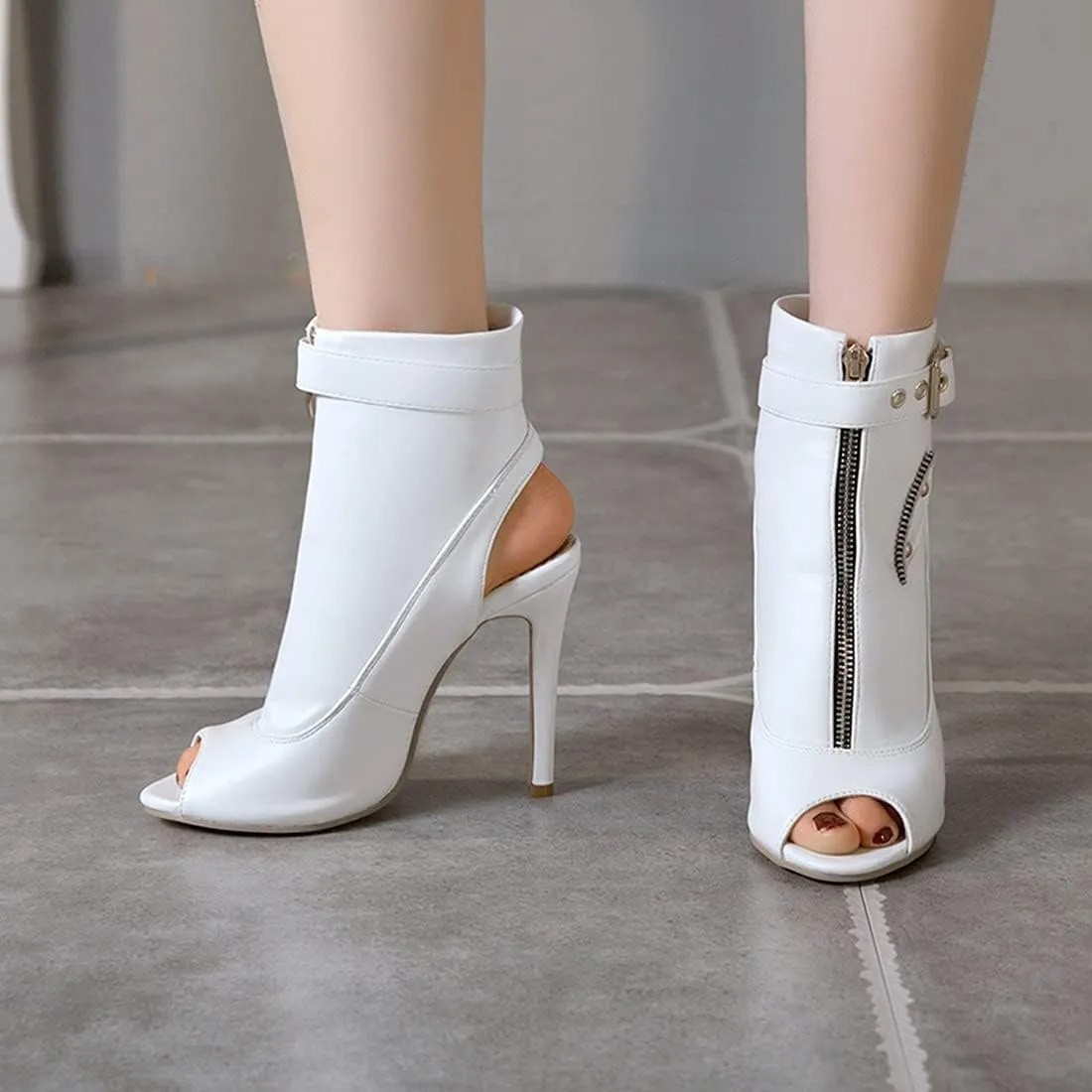 VOKLIN Women's Fashion Peep Toe Stiletto High Heel Sandals Buckle Zipper Party Pump Dress Heeled Sandal Booties