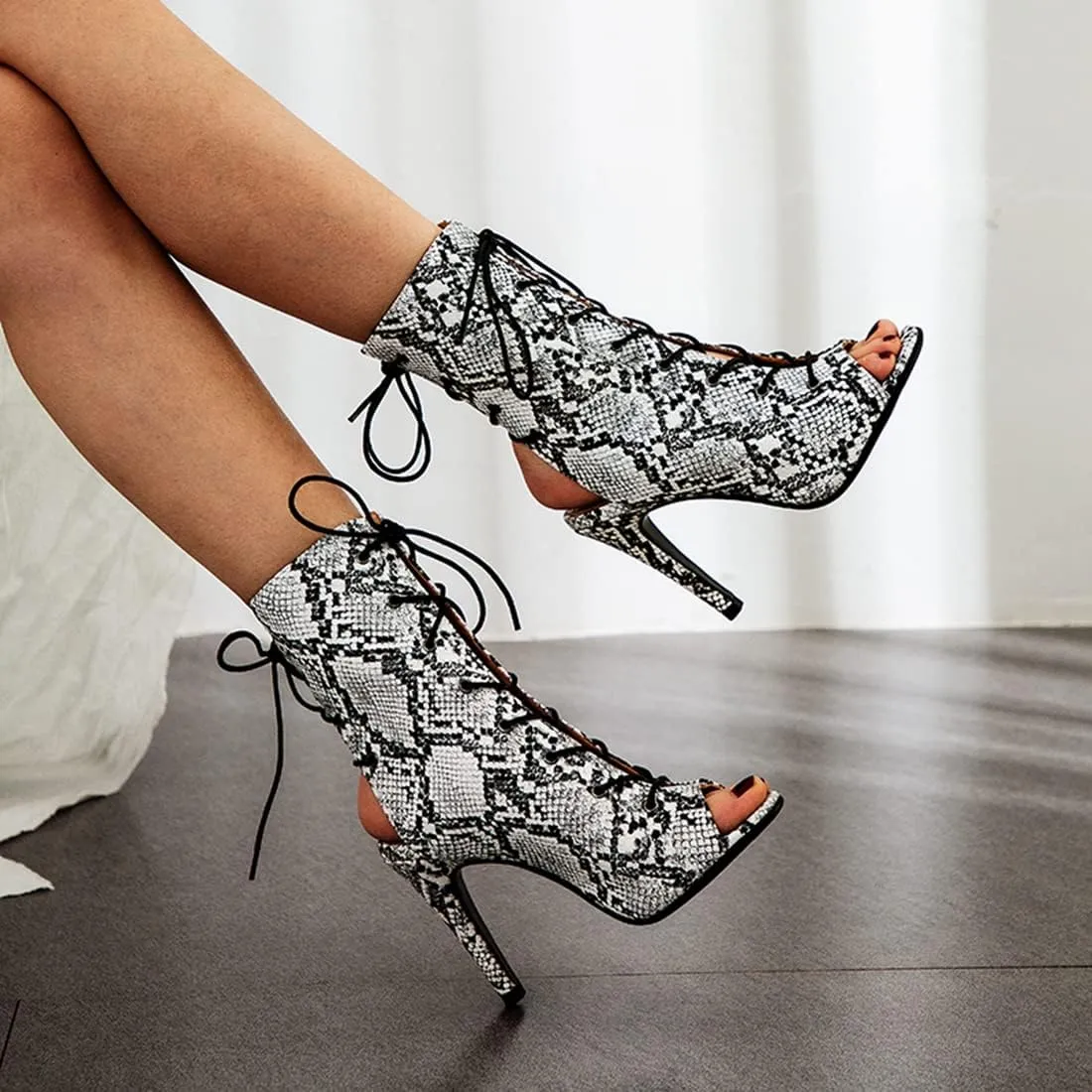 VOKLIN Women's Fashion Peep Toe Stilettos High Heel Sandals Shoes Lace Up Cutout Dress Pump Sandal Booties