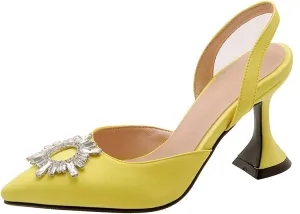 VOKLIN Women's Fashion Rhinestone Slingback Dress Pumps Pointed Toe Kitten Heels Wedding Party Sandals Shoes