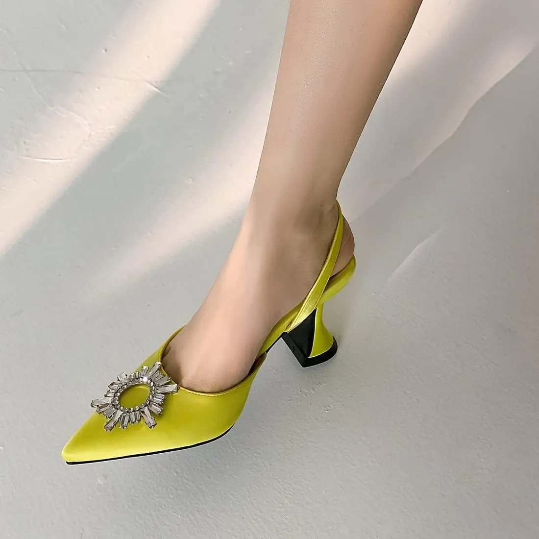 VOKLIN Women's Fashion Rhinestone Slingback Dress Pumps Pointed Toe Kitten Heels Wedding Party Sandals Shoes