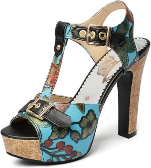 VOKLIN Women's Florals Platform Chunky Block Heel Sandals T-Strap Peep Toe Buckle Cork High Heeled Sandal