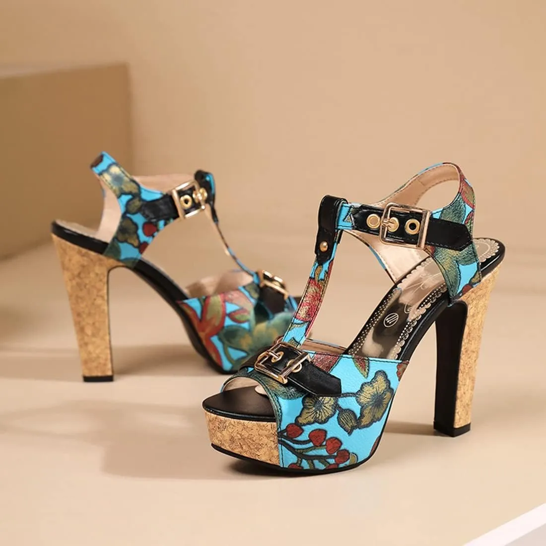 VOKLIN Women's Florals Platform Chunky Block Heel Sandals T-Strap Peep Toe Buckle Cork High Heeled Sandal