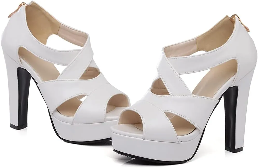 VOKLIN Women's Peep Toe Platform Block High Heel Sandals Cross Strappy Back Zipper Pump Dressy Heeled Sandal