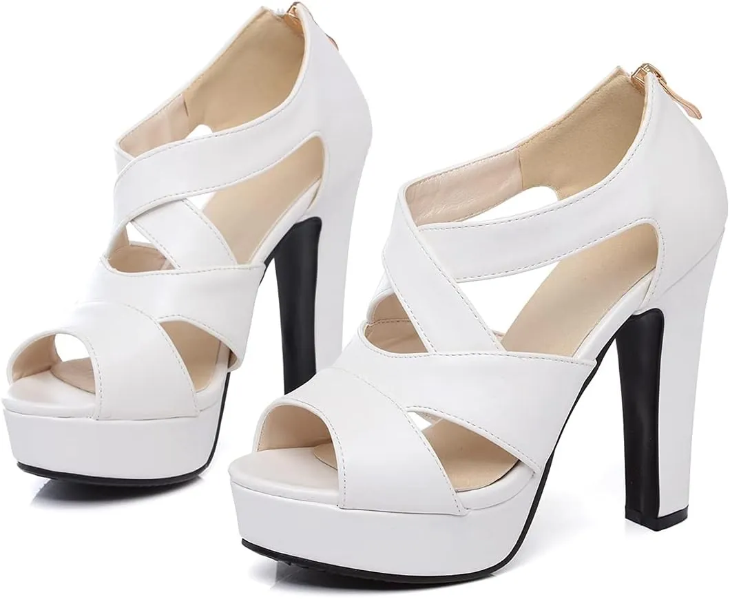VOKLIN Women's Peep Toe Platform Block High Heel Sandals Cross Strappy Back Zipper Pump Dressy Heeled Sandal