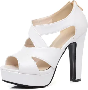 VOKLIN Women's Peep Toe Platform Block High Heel Sandals Cross Strappy Back Zipper Pump Dressy Heeled Sandal