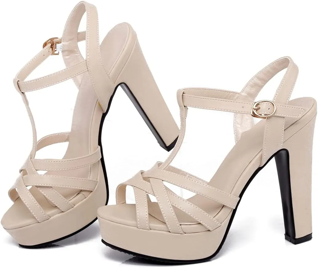 VOKLIN Women's Peep Toe Platform High Heel Sandals Fashion T-strap Party Evening Pump Dressy Heeled Sandal