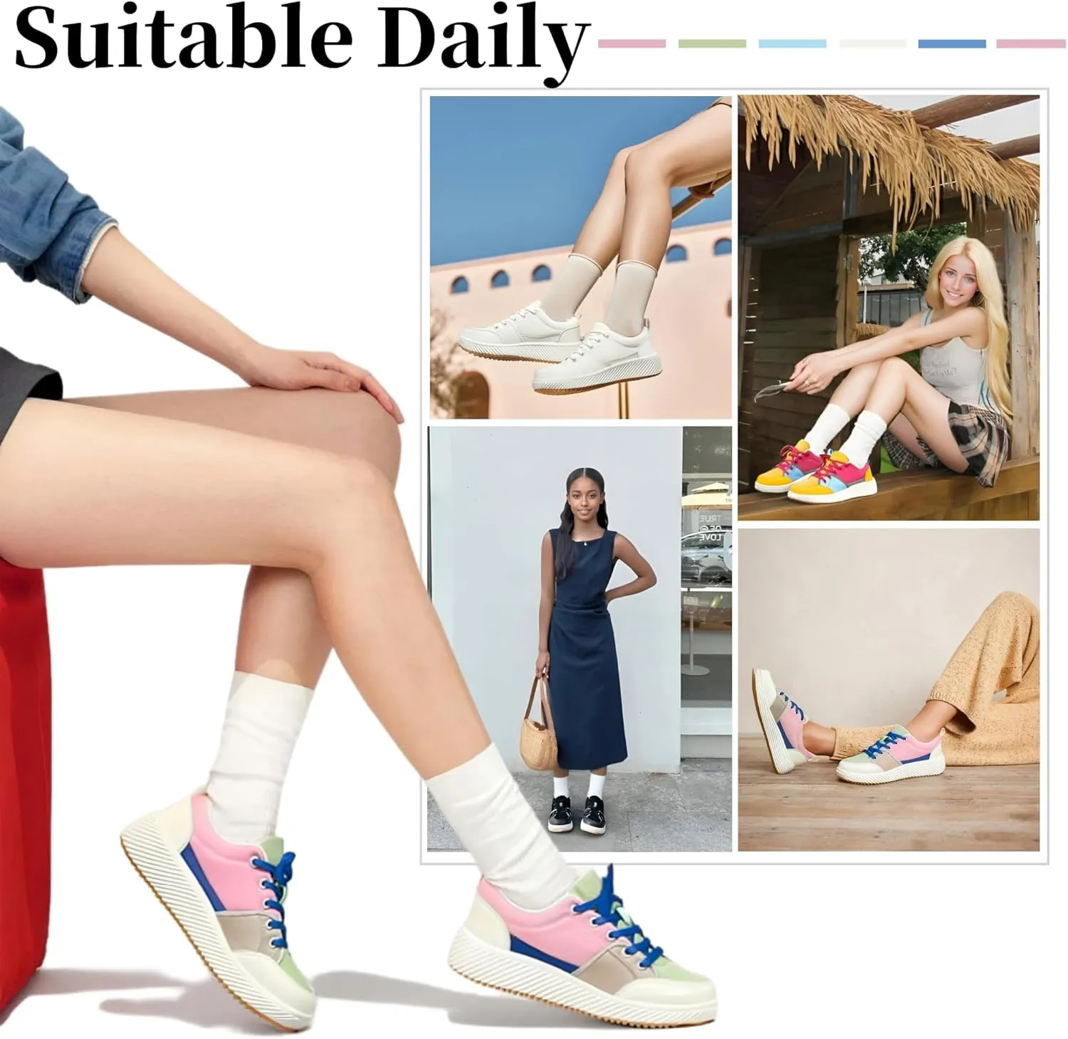 VZQ Women's Fashion Sneakers Lace Up Canvas Platform Shoes Casual Comfortable Low Top Skate Shoe for Walking