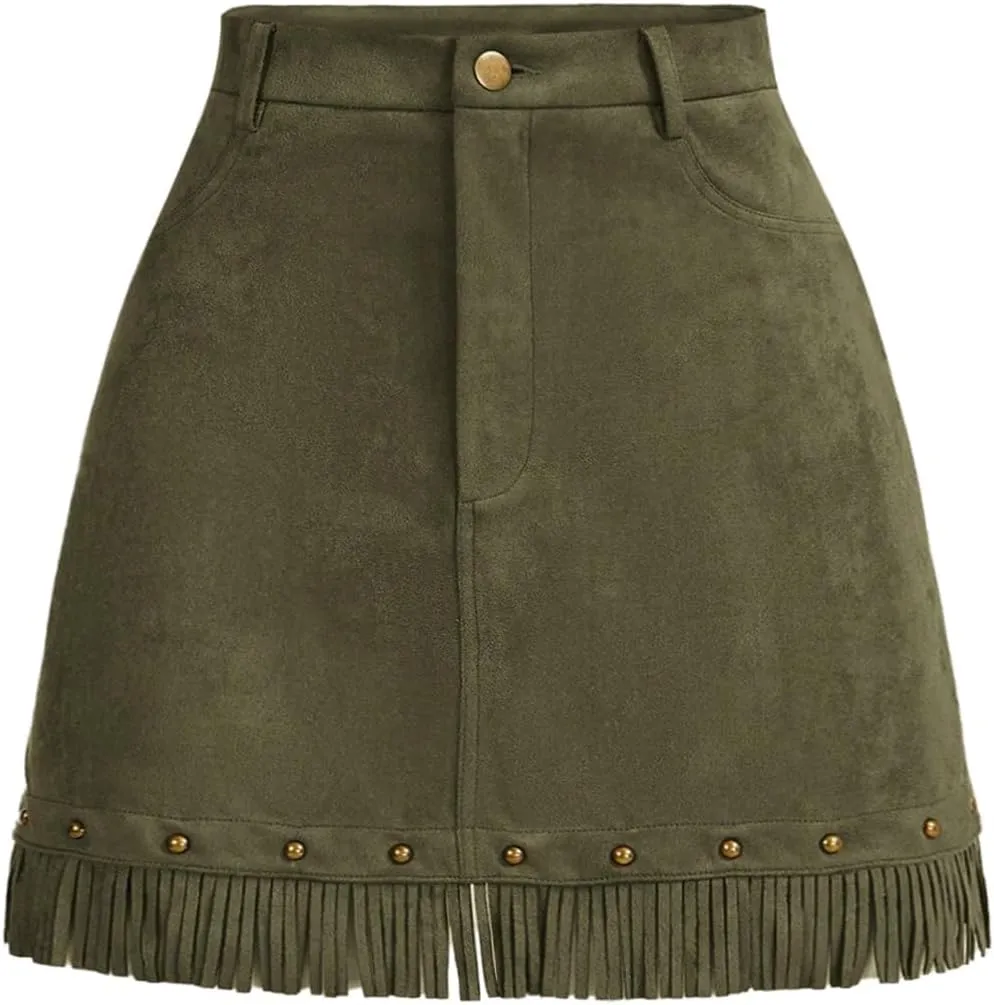 WDIRARA Women's Faux Suede Fringe Skirt High Waisted Tassel Western Mini Skirts